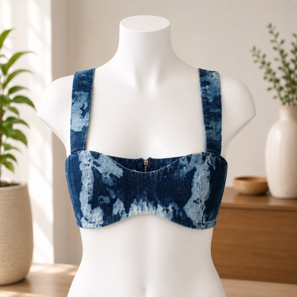 NWT Orire Denim Bralette Crop Top Womens US 6 Blue Acid Wash Zip Back